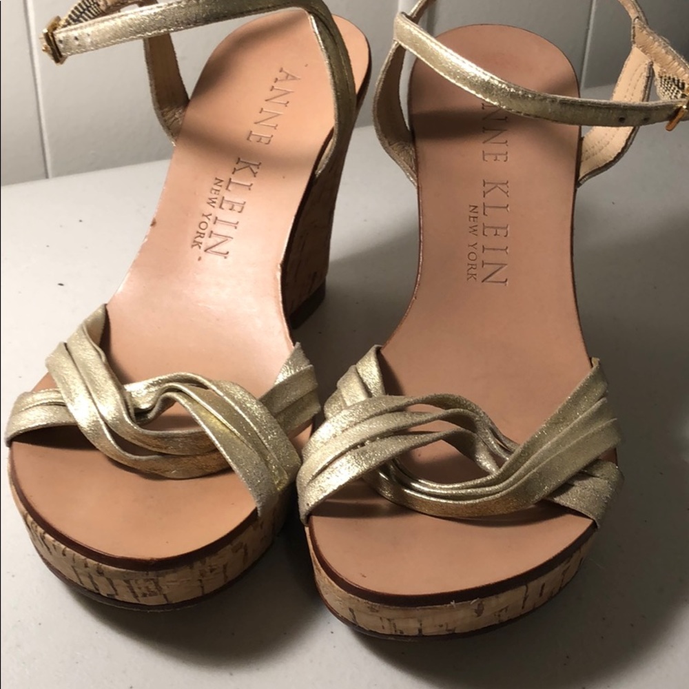Anne Klein Thin Gold Strap Wedge Cork Heal Shoe